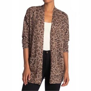 Magaschoni 100% Cashmere Leopard Print Open-Front Cardigan Tan Brown